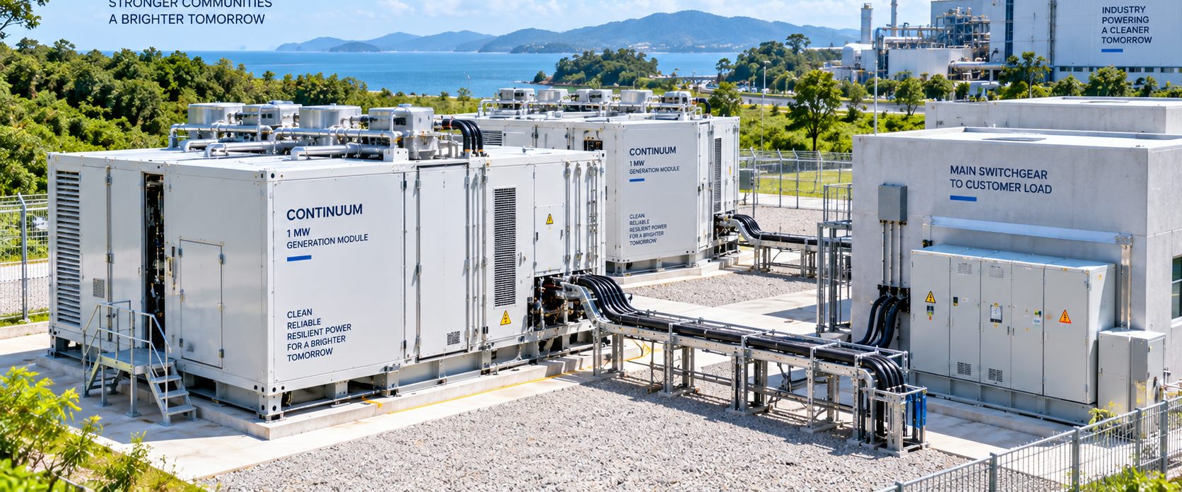 Continuum 1 MW generation modules on a landscaped site, cabled to the main switchgear building.