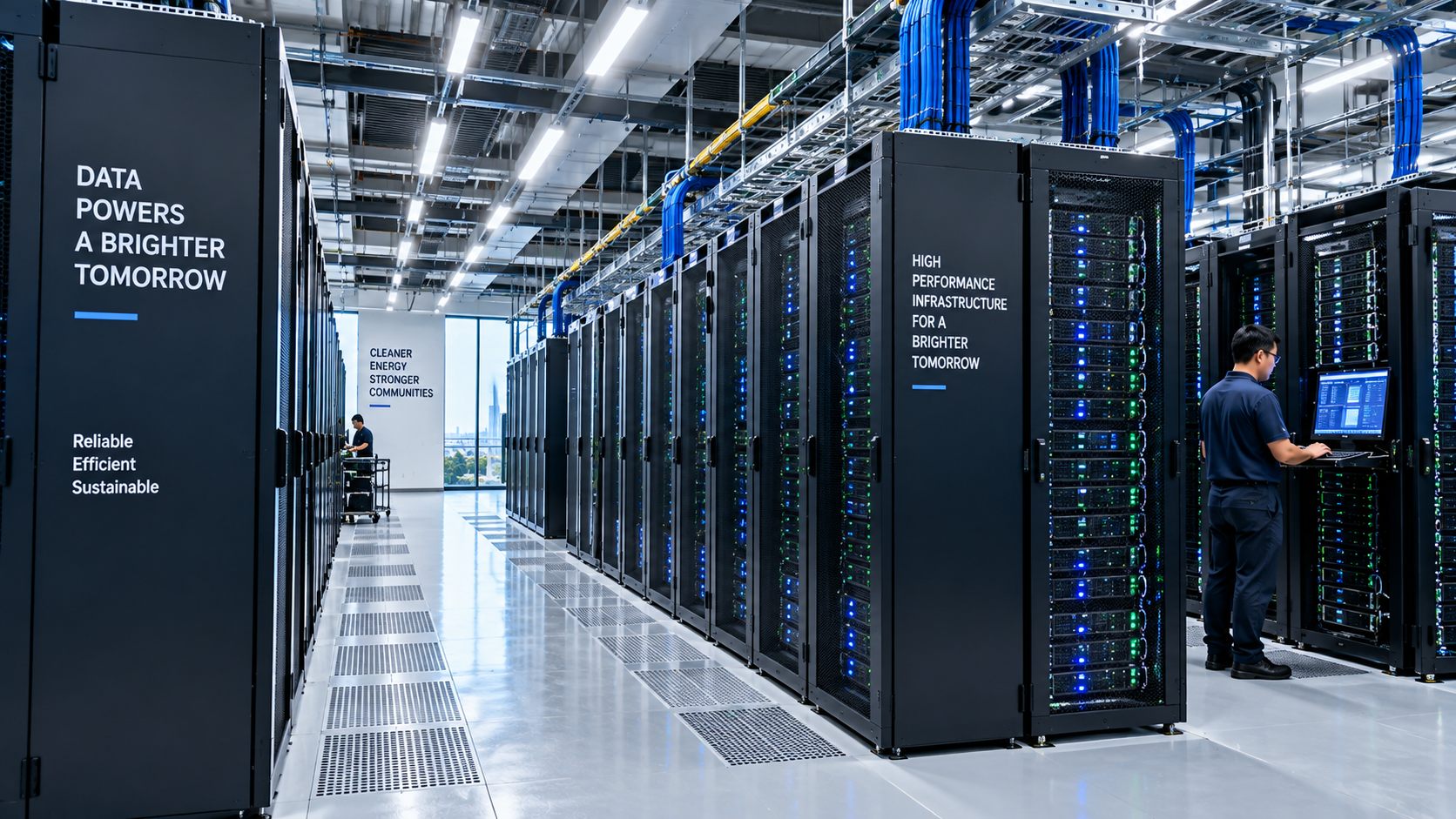 A data hall, racks running down both sides of a cold aisle.