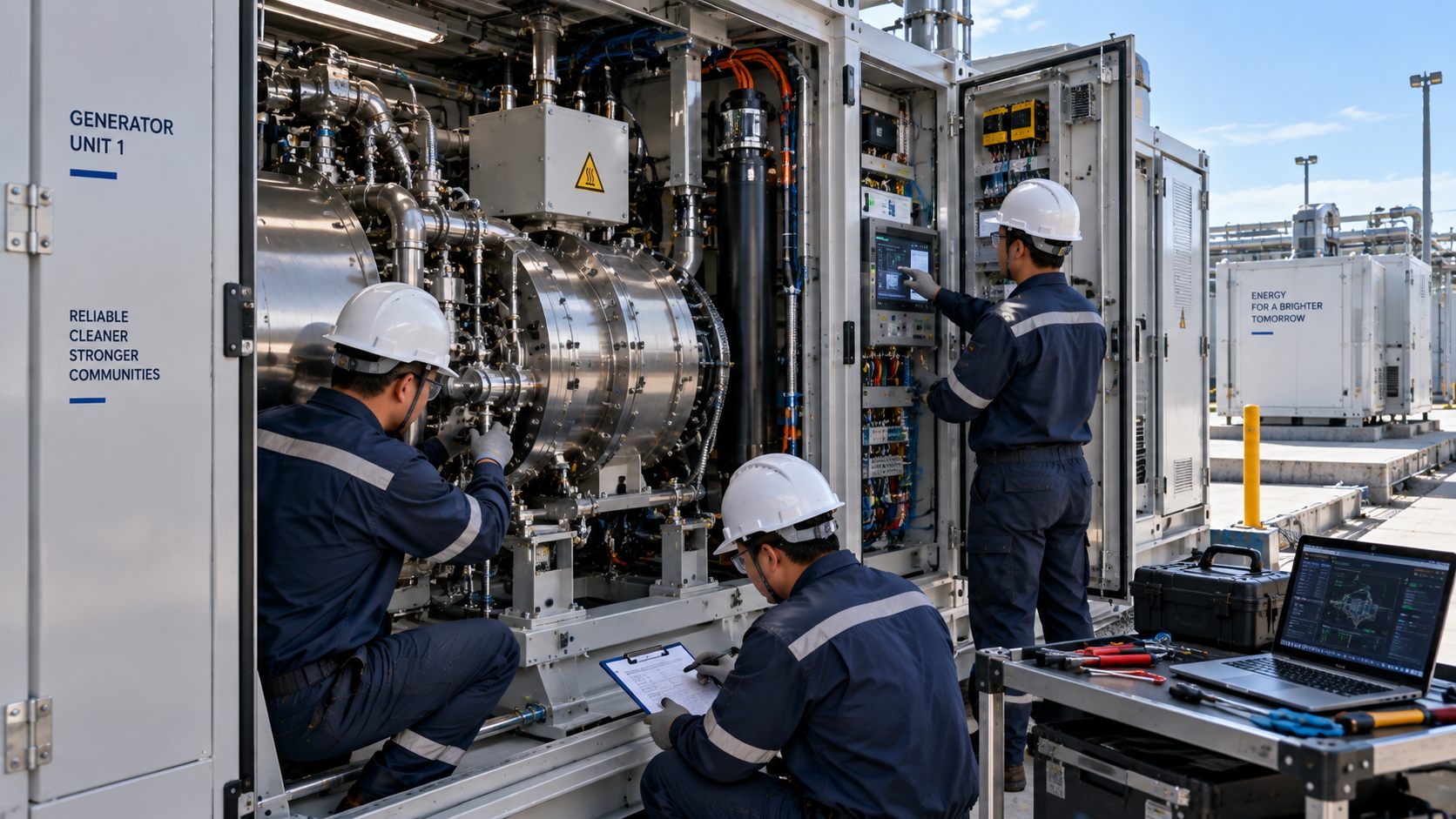 Engineers servicing an open generation module, one at the machine and one at the control cabinet.