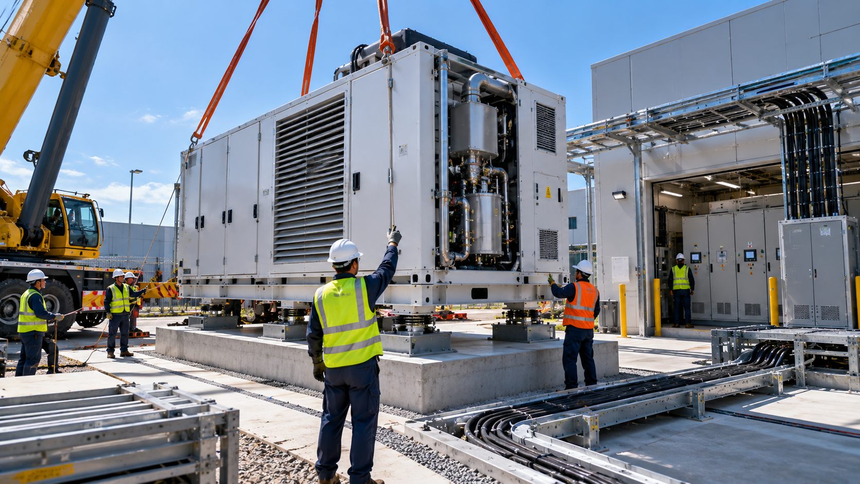 A crane lowering a generation module onto its plinth while the site crew guides it in.