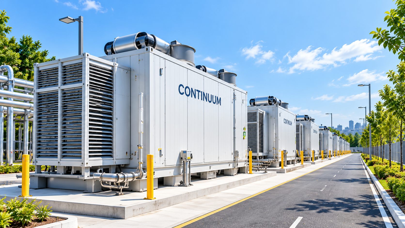 A line of Continuum generation modules along a landscaped site road.