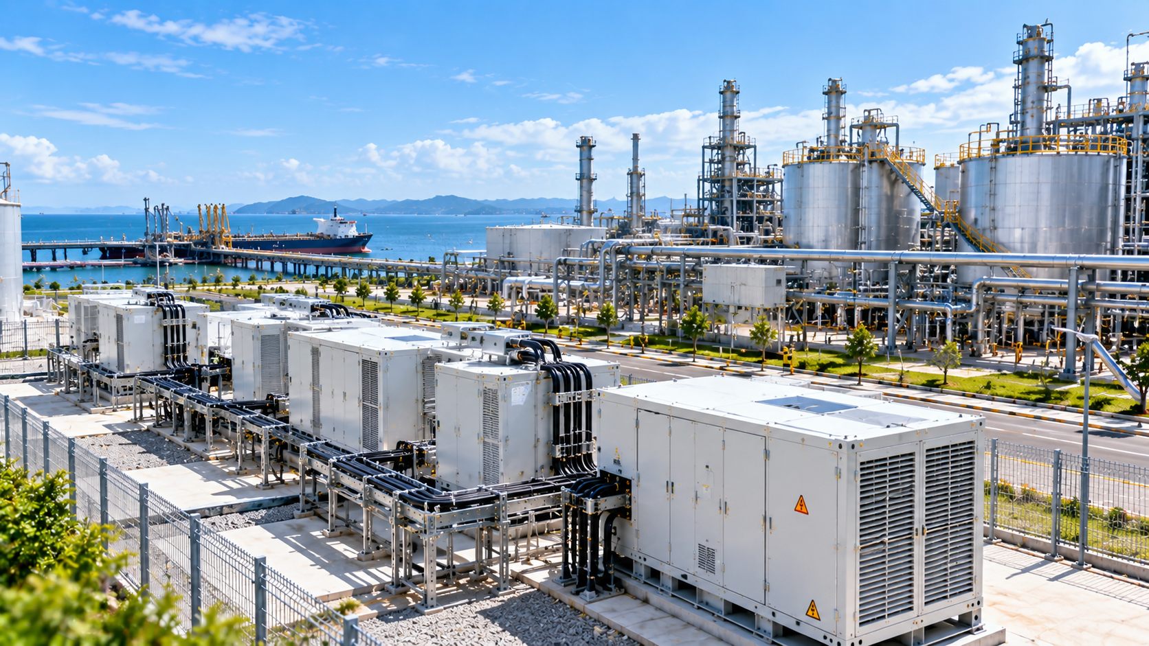 A large array of generation units installed beside heavy industry at a coastal port.